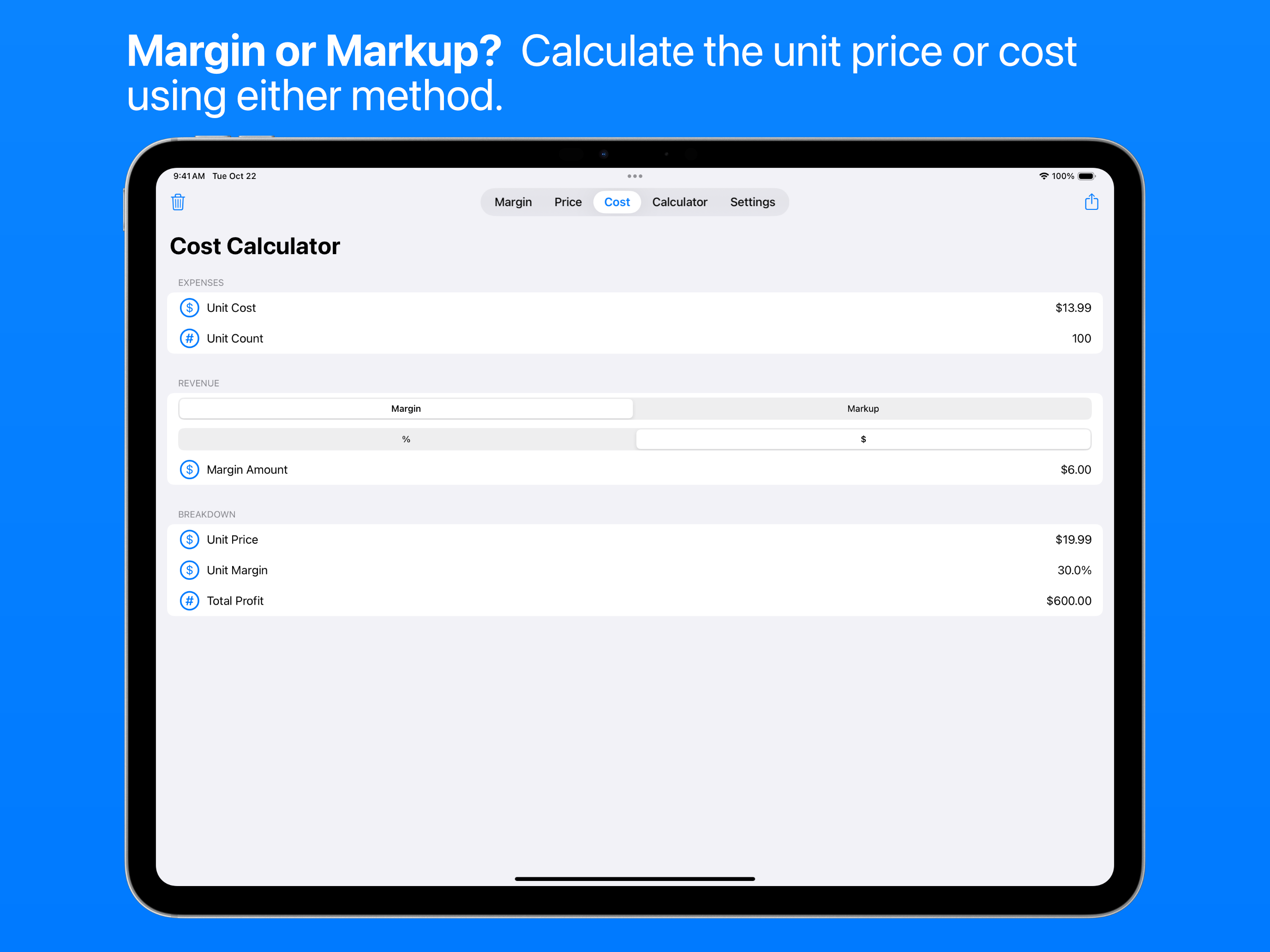 Margin or Markup Calculation on iPad